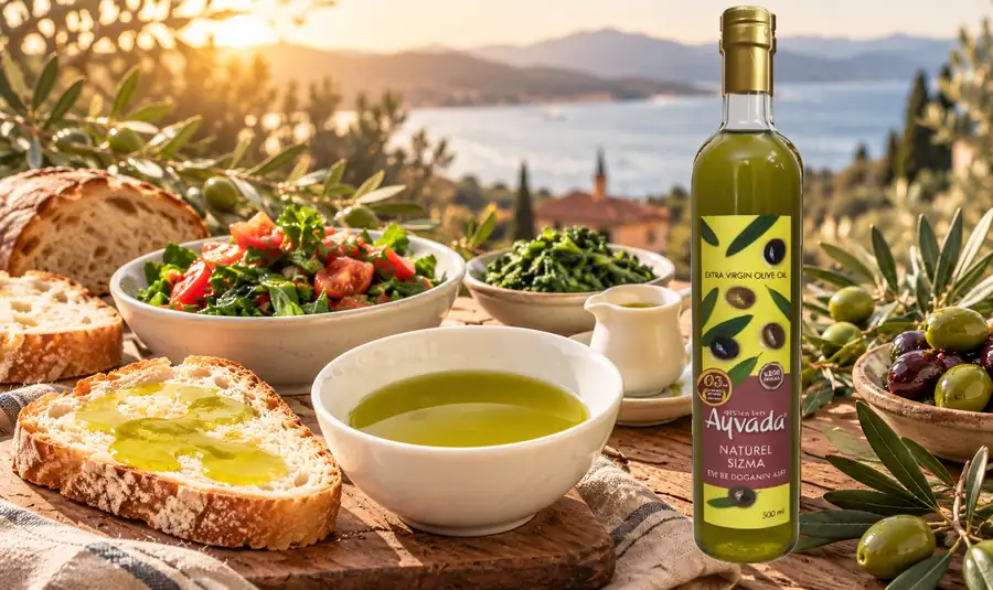 AYVADA 3 Dizyem 500 ml orijinal cam şişesi; Ege sofrasında taze ekmek, yeşil yağ, domates ve zeytin