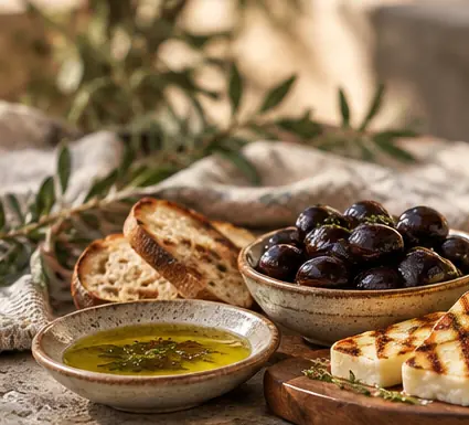 Boğa menüsü için zeytin, ızgara peynir, armut, ceviz ve ekmekli aperitif tabağı