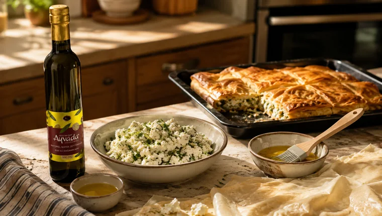 börek için zeytinyağı rehberi için yufka, iç harç, fırça ve Ayvada zeytinyağı
