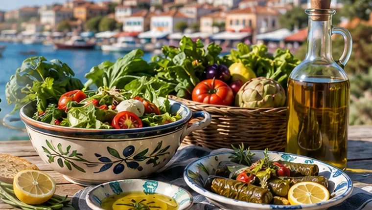 Akdeniz tipi beslenme için sebze zeytinyağı limon ve Ege ürünleriyle kurulmuş sofra