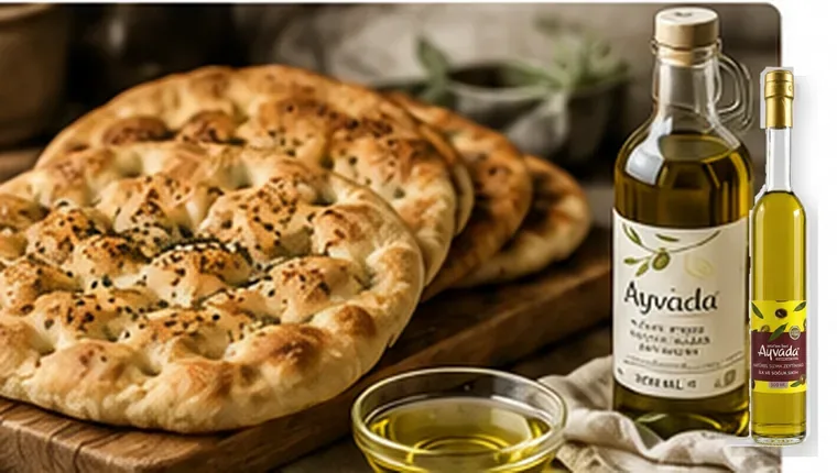 Ekmek hamuruna zeytinyağı kullanımını gösteren pide, zeytinyağı kasesi ve Ayvada şeffaf 500 ml şişe