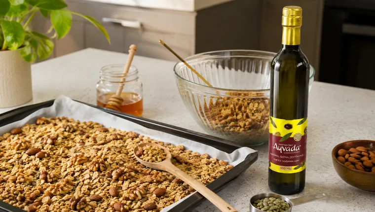 Fırın tepsisinde yulaf, badem ve cevizli granola, yanında Ayvada koyu cam 500 ml zeytinyağı şişesi