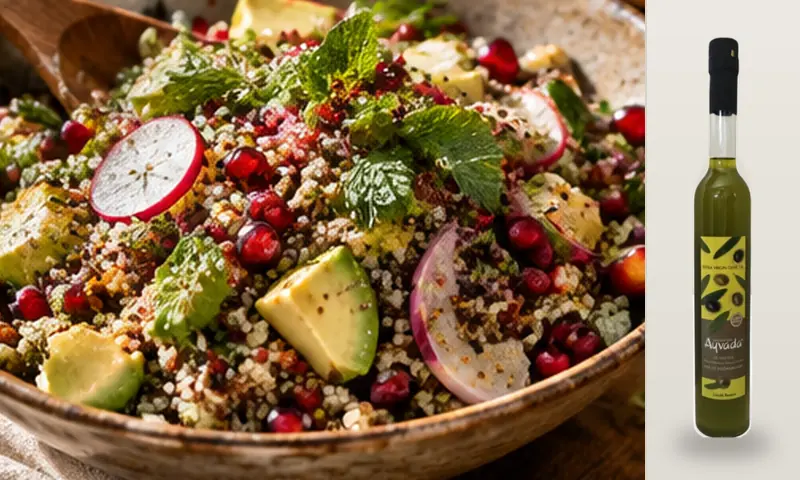 Avokado, nar, kinoa, yeşillik ve limonla hazırlanan salata yanında orijinal AYVADA zeytinyağı