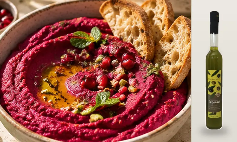 Pancarlı pembe humus, zeytinyağı, nar ve kızarmış ekmek yanında orijinal AYVADA şişesi