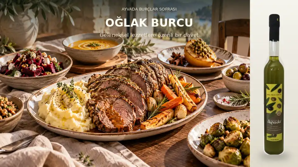 Oğlak burcunun en sevdiği yemek için fırın dana rosto, sebzeler ve orijinal AYVADA zeytinyağı