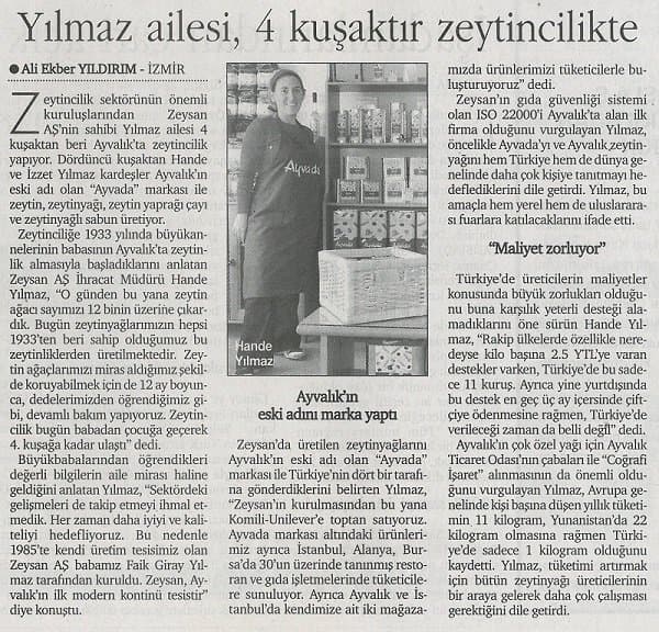 Dünya Gazetesinde Yılmaz ailesinin dört kuşak zeytinciliğini anlatan haber