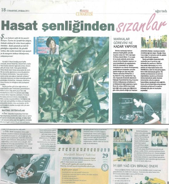 Refika Birgül’ün Ayvalık Hasat Şenliği ve Ayvada zeytinyağı hakkında yazdığı Hürriyet gazetesi kupürü
