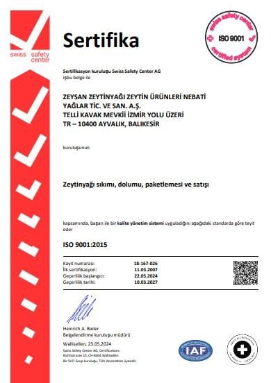 Ayvada Ayvalık Zeytinyağı ISO 9001 Belgesi
