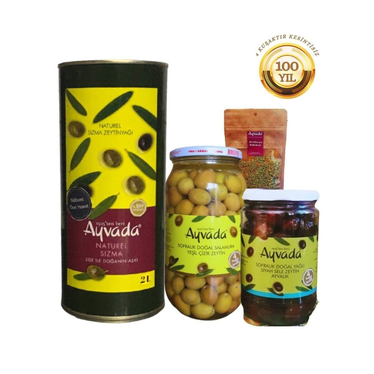 Ayvada Ege Gurme zeytinyağı hediye seti; zeytinyağı, yeşil zeytin, siyah zeytin ve baharat