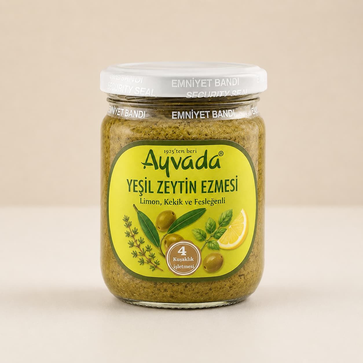 Ayvada yeşil zeytin ezmesi limon kekik ve fesleğenli 185 g cam kavanoz